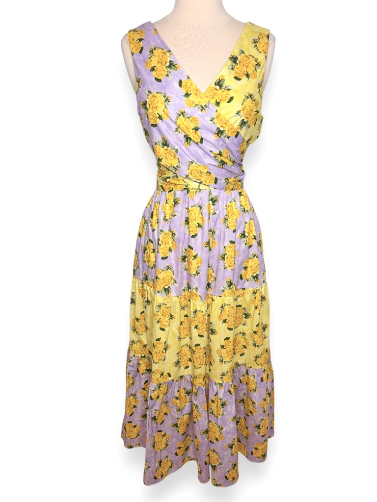 Rachel Antonoff Sandy Yellow Lilac Colorblock Cotton Ties Midi Dress Size 8